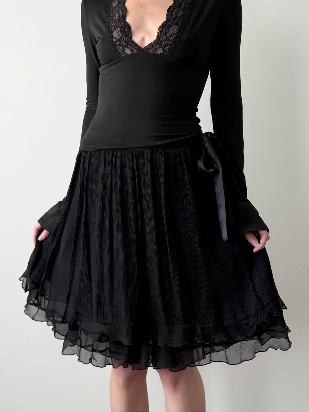 Vintage goth black 100% silk chiffon midi skirt - Picture 2 of 4